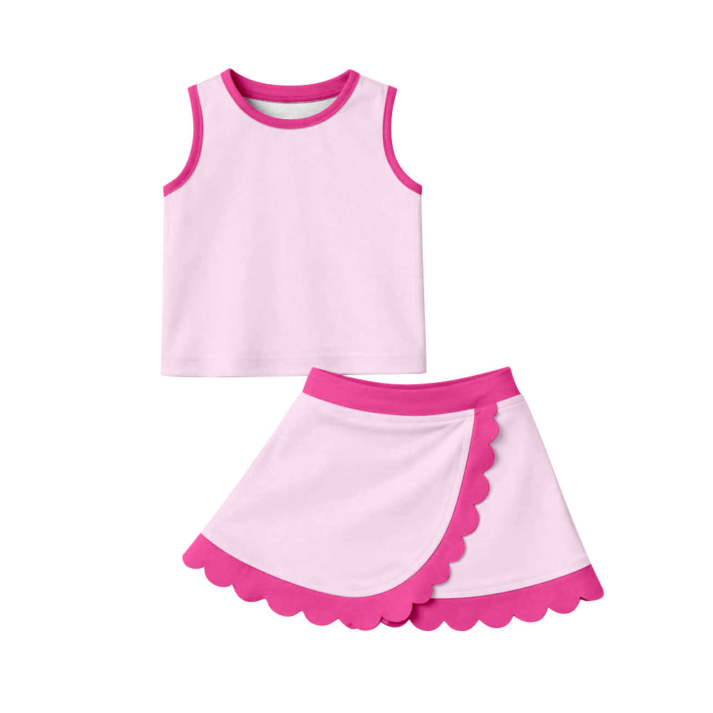 GSD4019 Preorder Baby Girls Sleeveless Light Pink Vest Scallop Skirt Short Yoga Active Clothes Set
