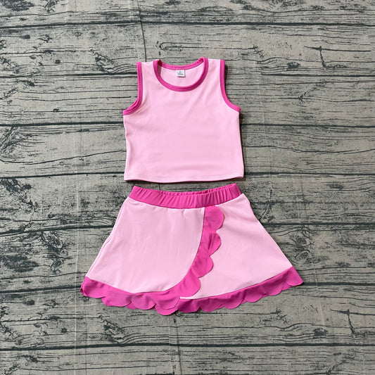 GSD4019 Preorder Sample Baby Girls Sleeveless Light Pink Vest Scallop Skirt Short Yoga Active Clothes Set