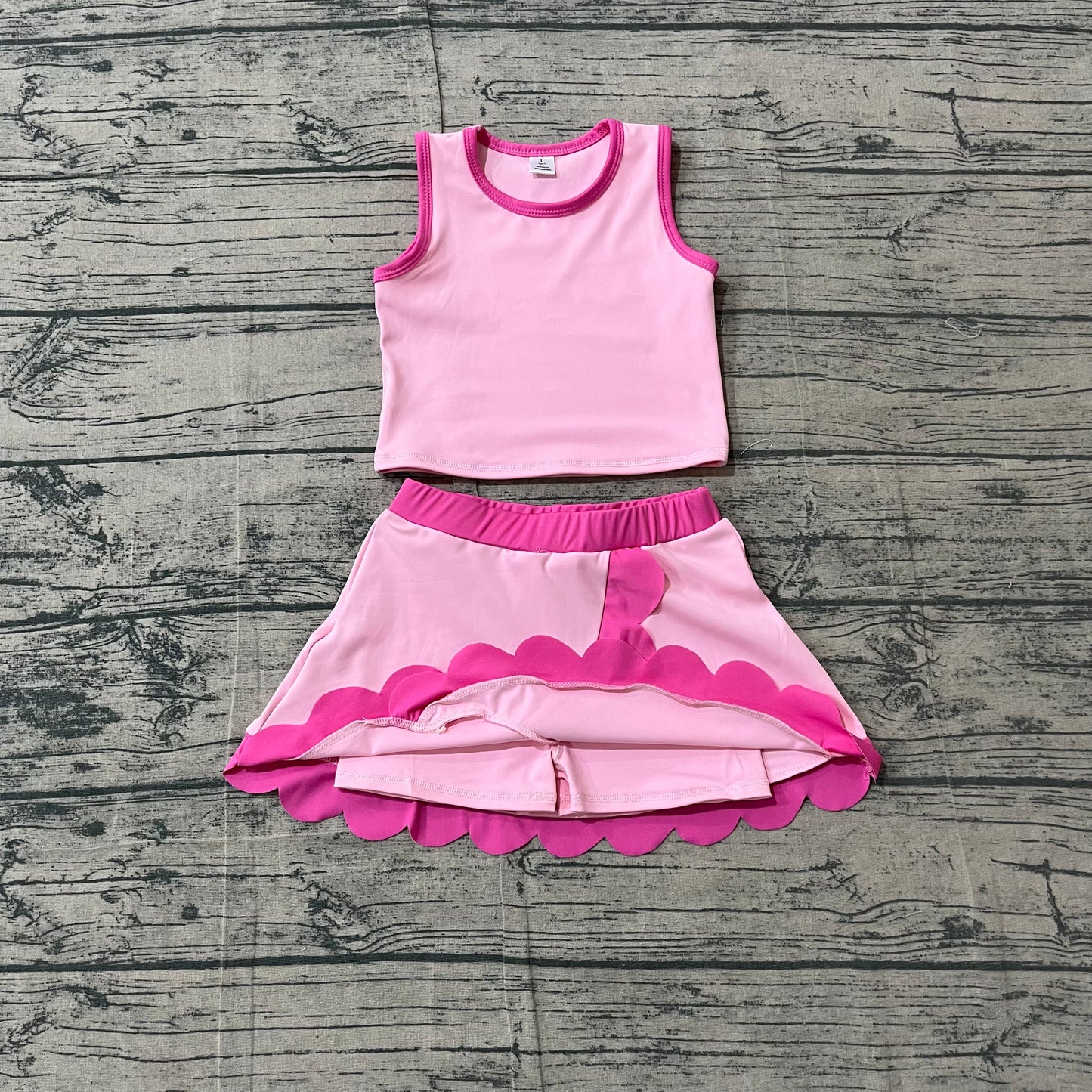 GSD4019 Preorder Sample Baby Girls Sleeveless Light Pink Vest Scallop Skirt Short Yoga Active Clothes Set