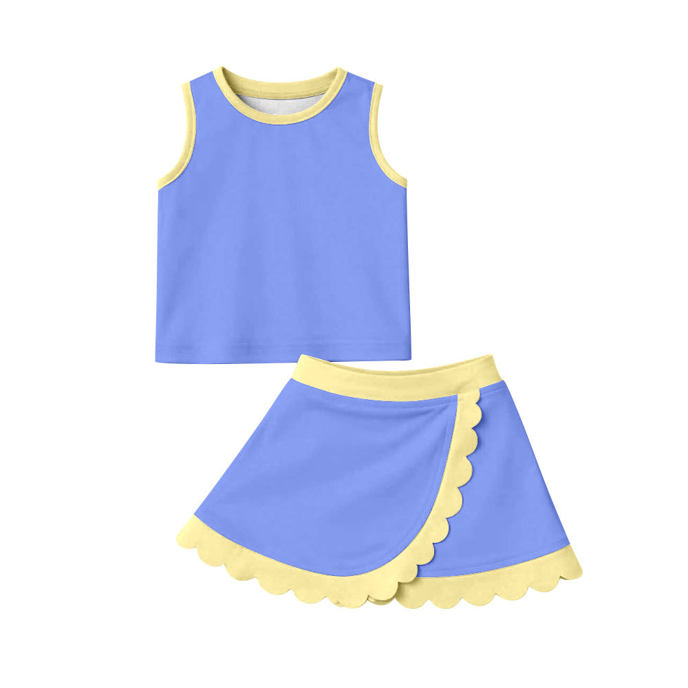 GSD4022 Preorder Baby Girls Sleeveless Blue Yellow Vest Scallop Skirt Short Yoga Active Clothes Set