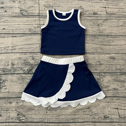 GSD4024 Preorder Sample Baby Girls Sleeveless Navy Vest Scallop Skirt Short Yoga Active Clothes Set
