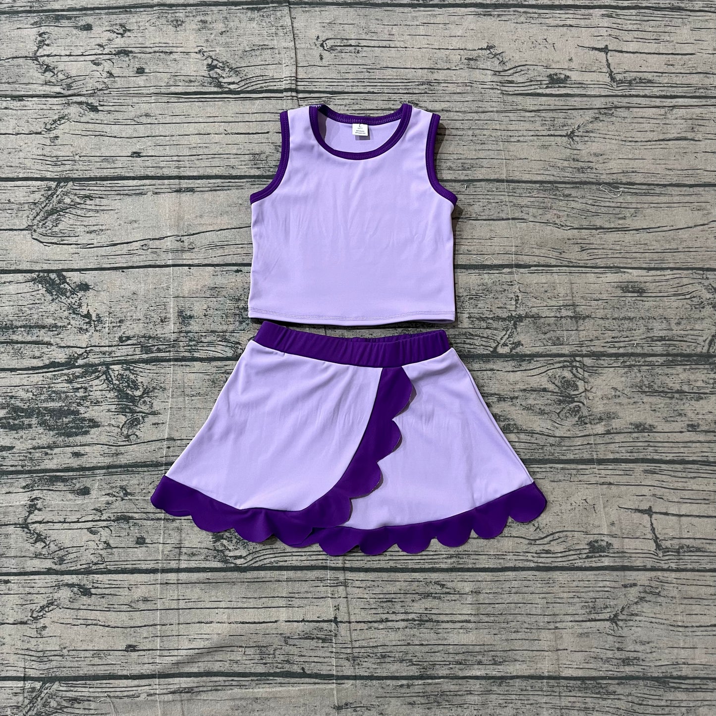 GSD4026 Preorder Sample Baby Girls Sleeveless Purple Vest Scallop Skirt Short Yoga Active Clothes Set
