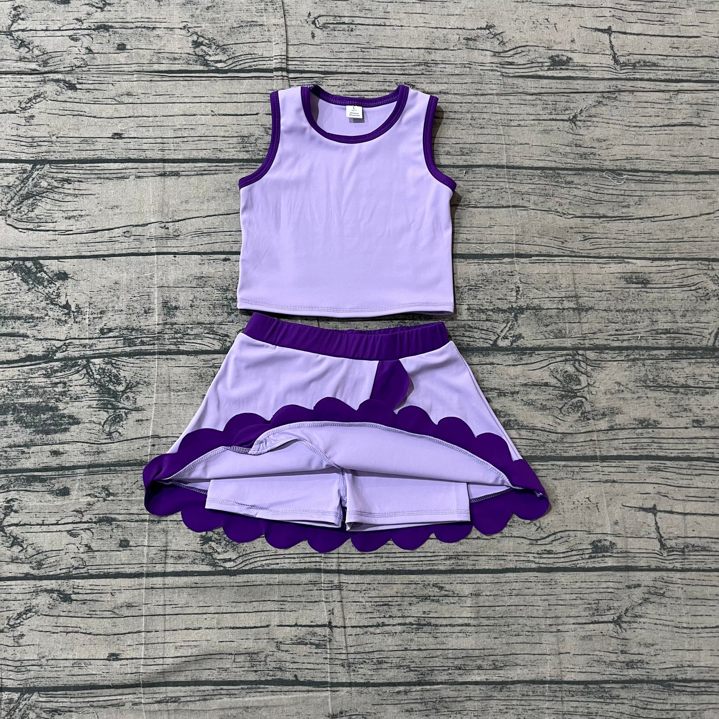 GSD4026 Preorder Sample Baby Girls Sleeveless Purple Vest Scallop Skirt Short Yoga Active Clothes Set
