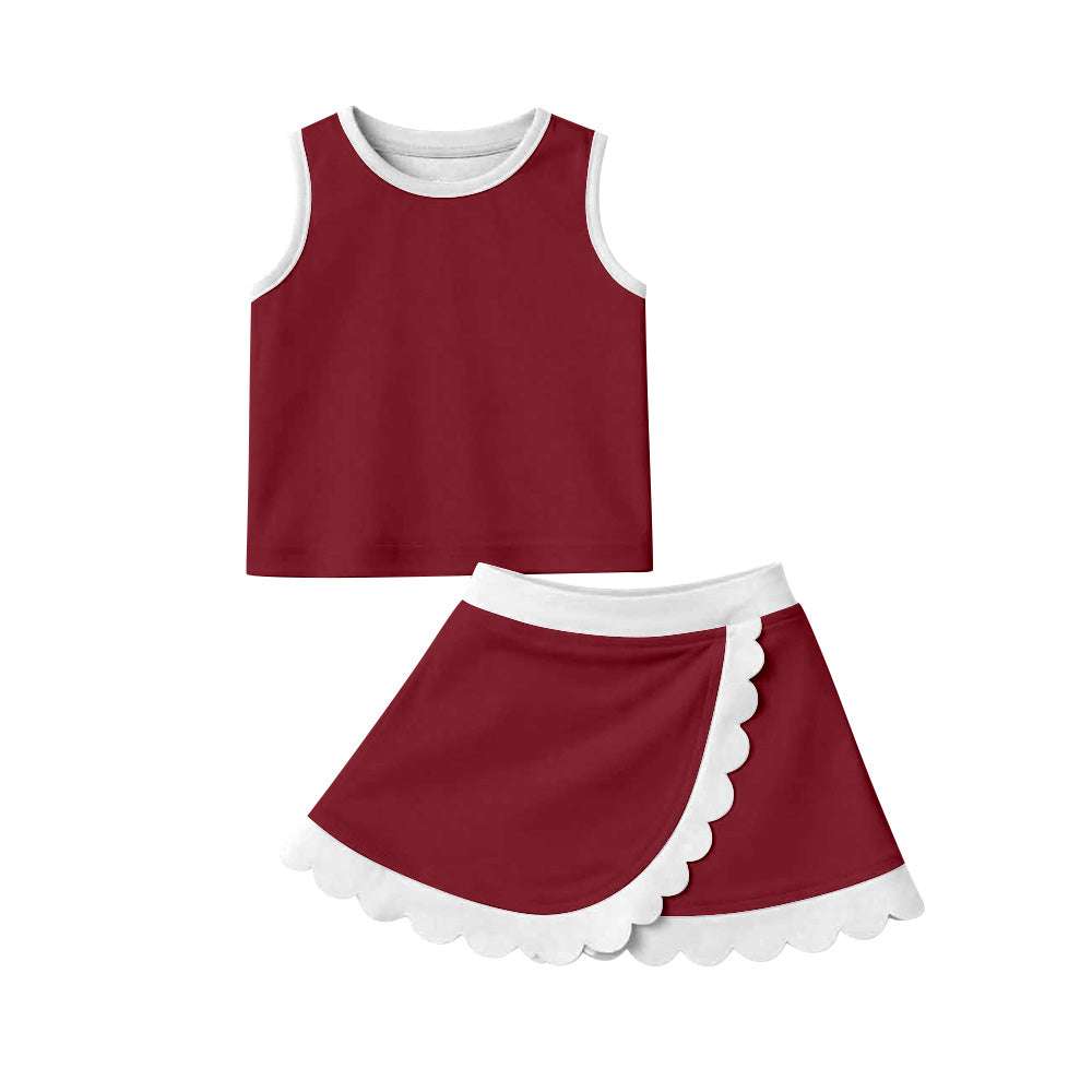 GSD4027 Preorder Baby Girls Sleeveless Dark Red Vest Scallop Skirt Short Yoga Active Clothes Set
