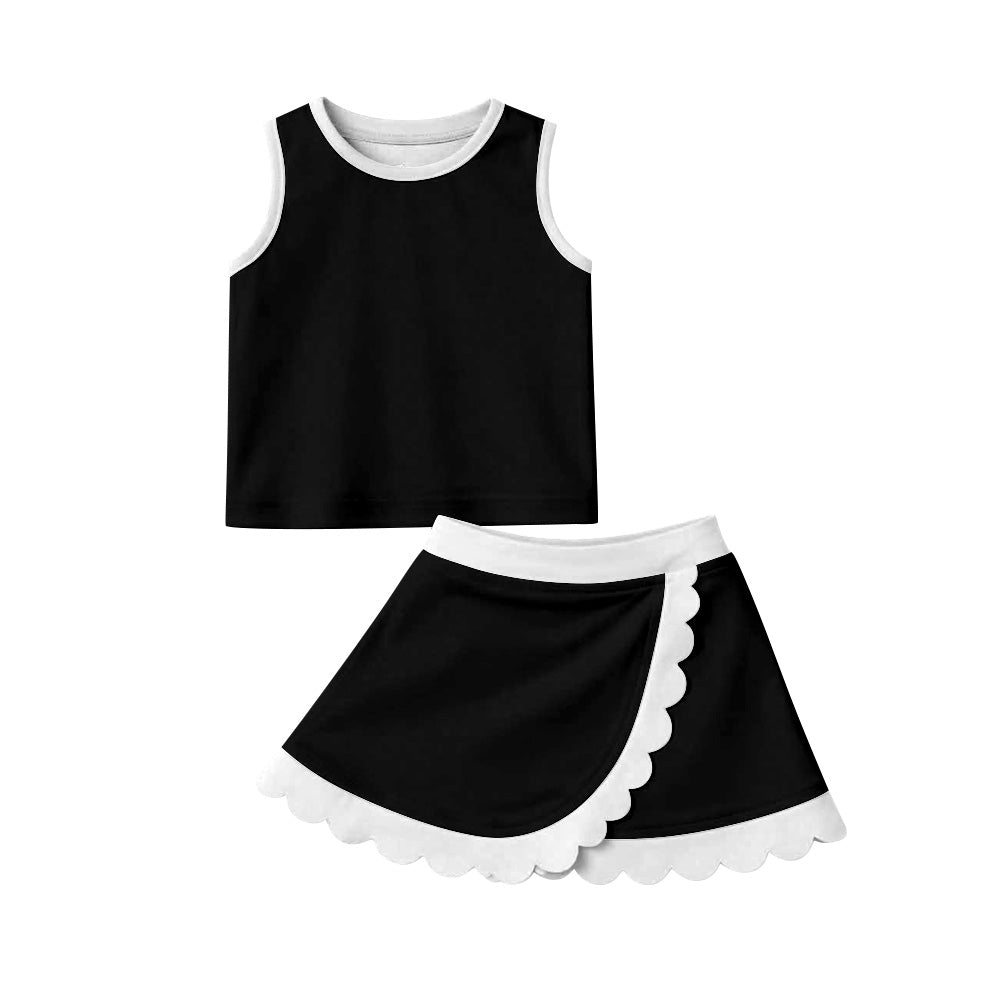 GSD4029 Preorder Baby Girls Sleeveless Black Vest Scallop Skirt Short Yoga Active Clothes Set