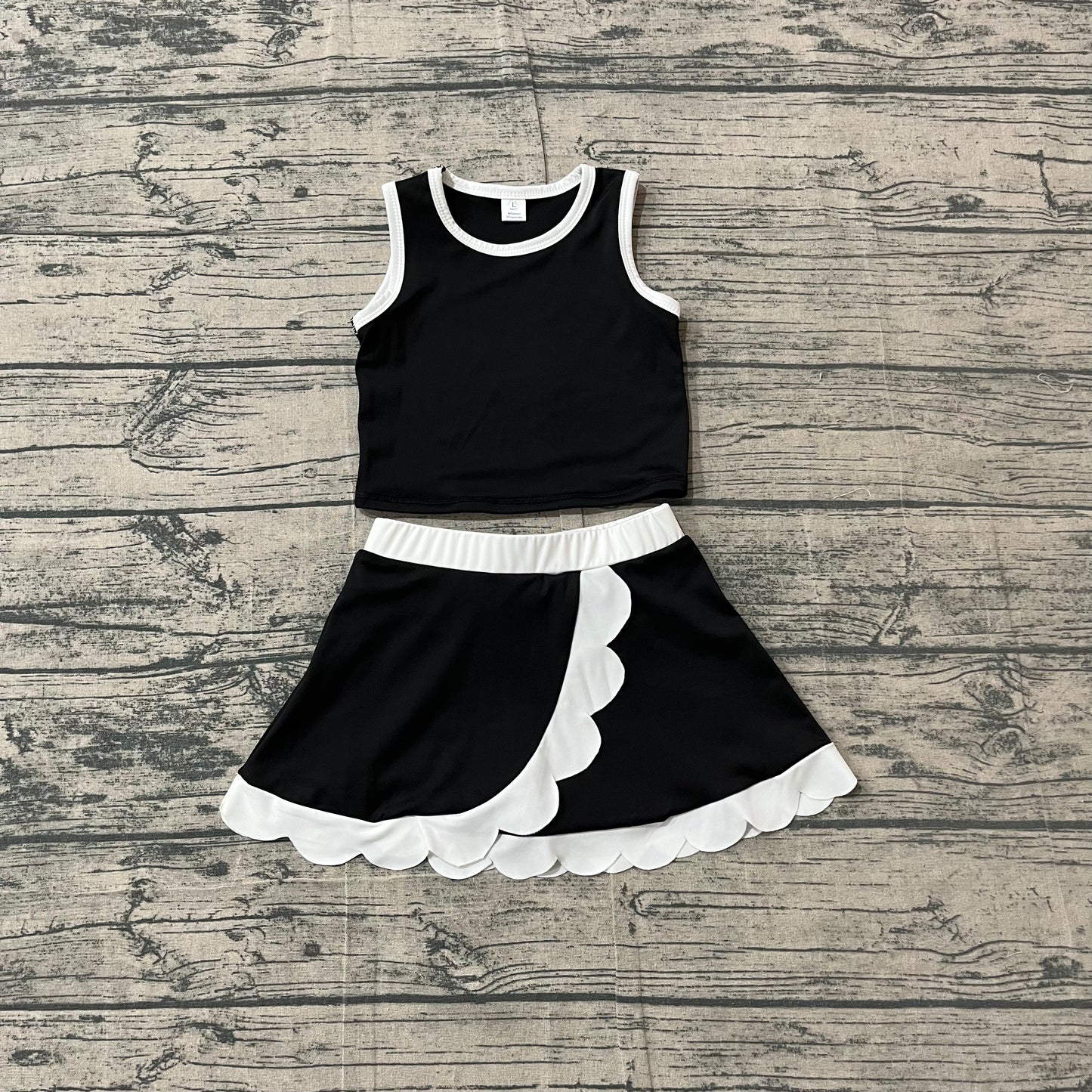 GSD4029 Preorder Sample Baby Girls Sleeveless Black Vest Scallop Skirt Short Yoga Active Clothes Set