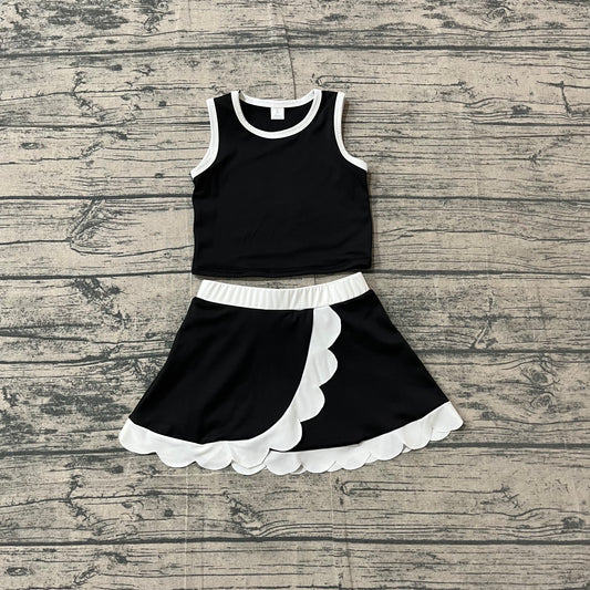 GSD4029 Preorder Sample Baby Girls Sleeveless Black Vest Scallop Skirt Short Yoga Active Clothes Set