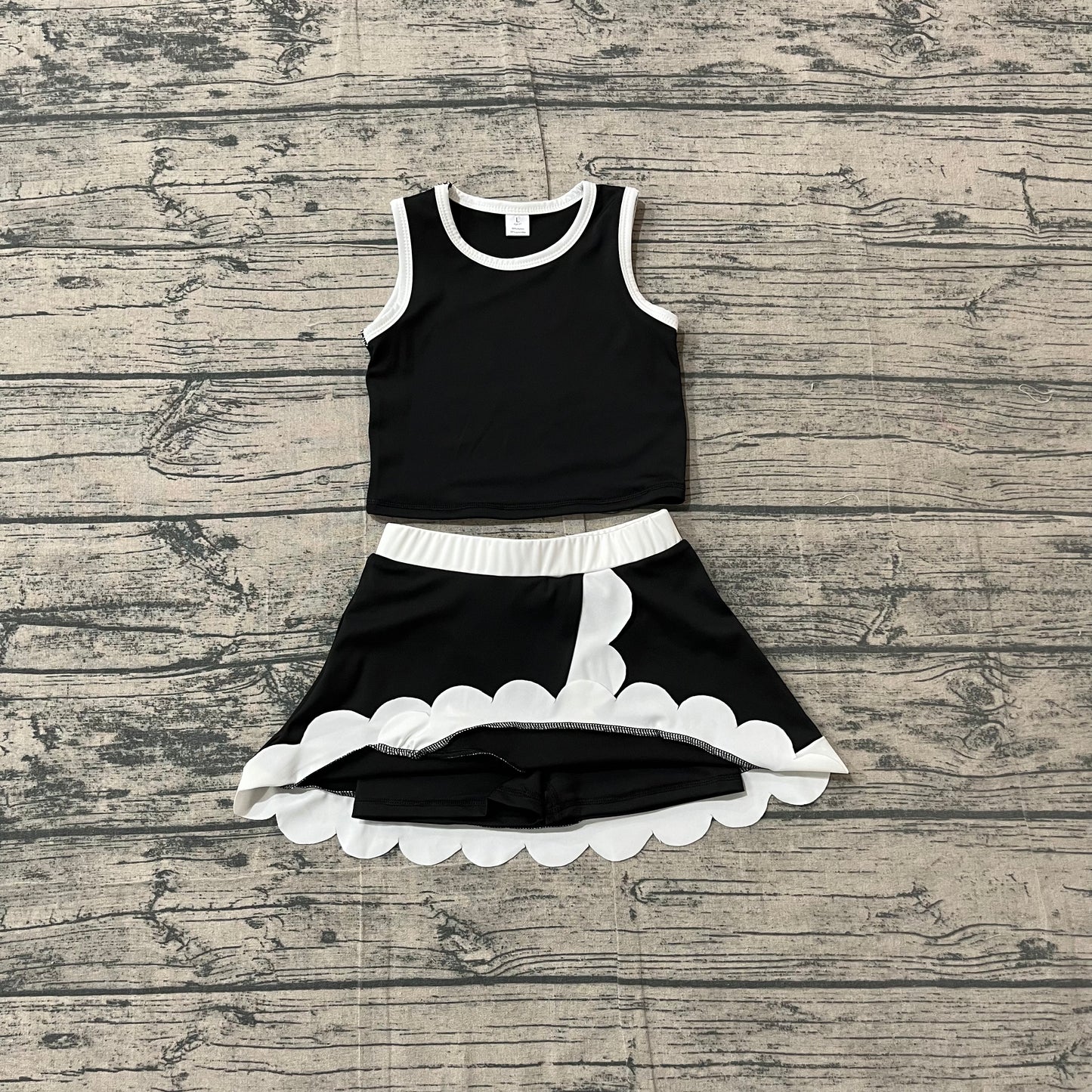 GSD4029 Preorder Sample Baby Girls Sleeveless Black Vest Scallop Skirt Short Yoga Active Clothes Set