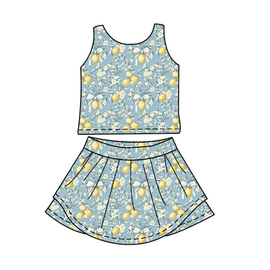 GSD4030 Preorder Baby Girls Lemon Flowers Bows Vest Skirt Short Yoga Active Clothes Set