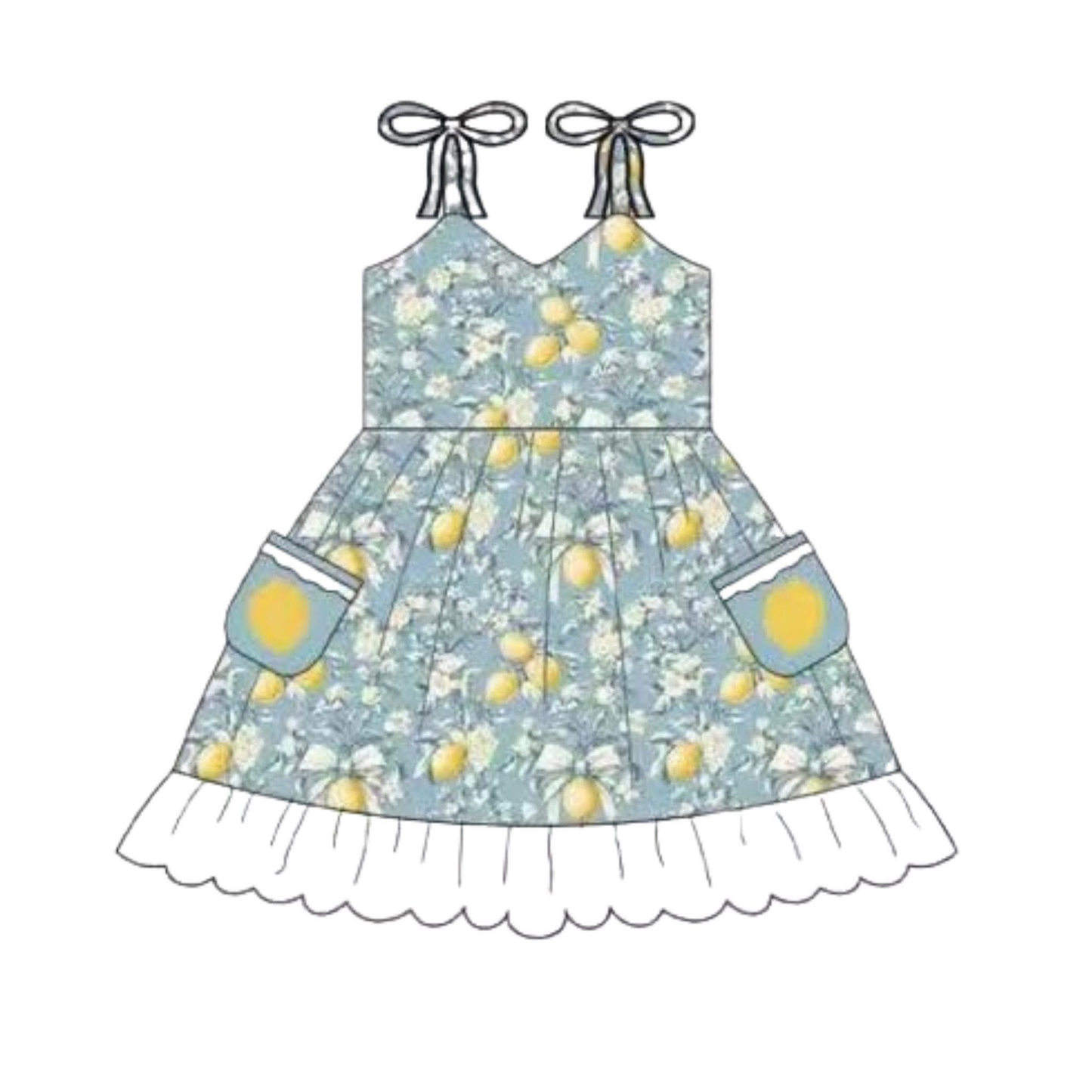 GSD4031 Preorder Baby Girls Strap Lemon Flowers Pockets Ruffle Knee Length Dresses