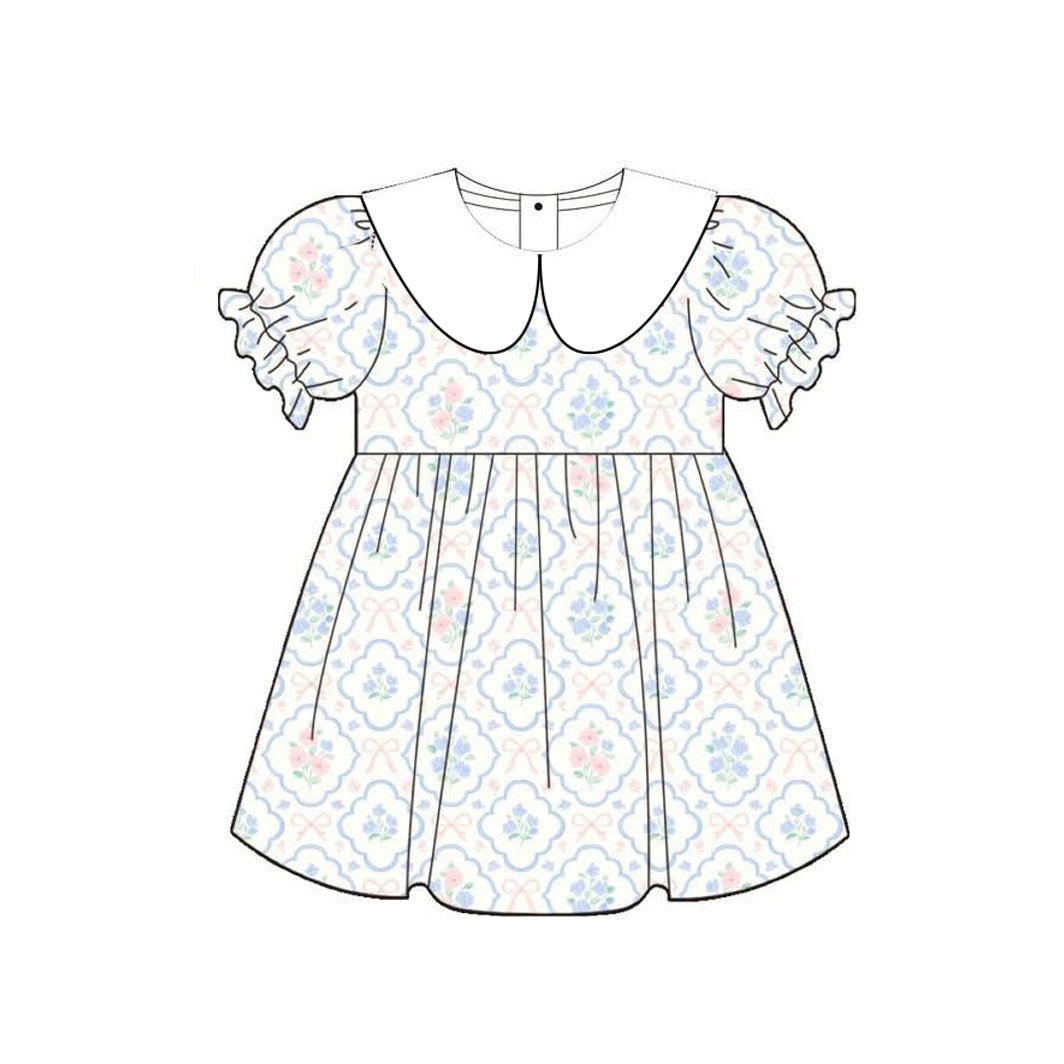 GSD4032 Preorder Baby Girls Bows Flowers Checked Collar Knee Length Dresses