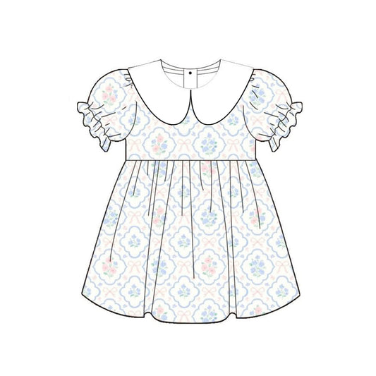 GSD4032 Preorder Baby Girls Bows Flowers Checked Collar Knee Length Dresses