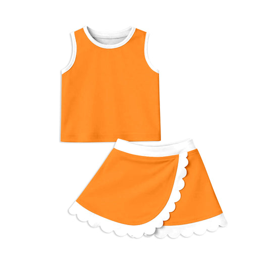 GSD4033 Preorder Baby Girls Sleeveless Orange Vest Scallop Skirt Short Yoga Active Clothes Set
