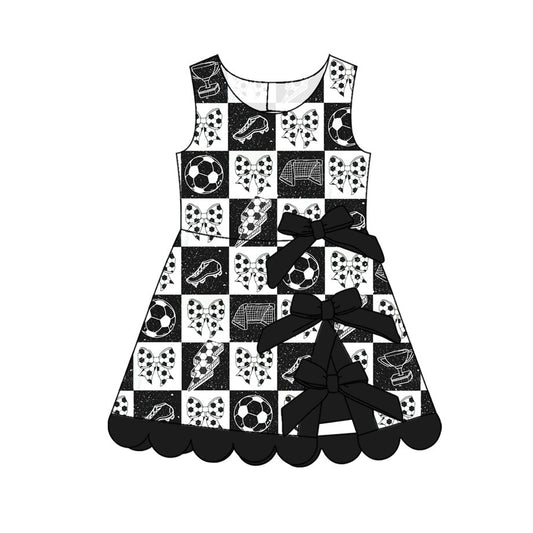 GSD4035 Preorder Baby Girls Footballs Bows Team Yoga Active Scallop Short Knee Length Dress