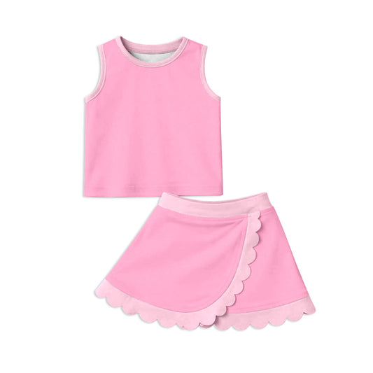 GSD4063 Preorder Baby Girls Sleeveless Pink Vest Scallop Skirt Short Yoga Active Clothes Set