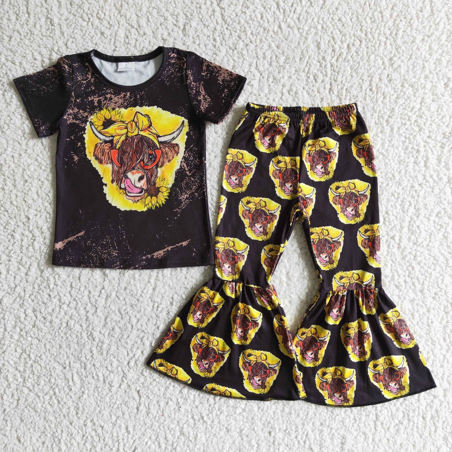 GSPO0010 Baby Girls Western Sunflower Cow Bell Pants Clothing Sets