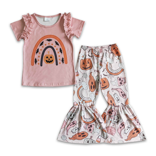 8.25 GSPO0098 girls Halloween outfit short sleeve and long pants pumpkin print
