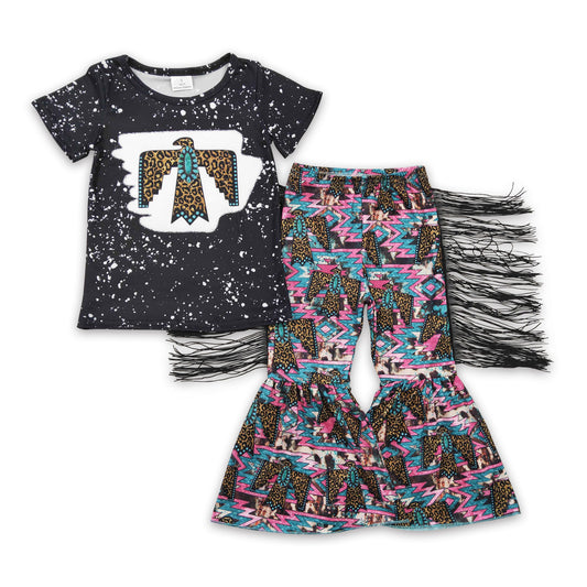7.24 RTS NO MOQ(In Stock) GSPO0209 Girls Leopard Gem Eagle Black Short Sleeve Tassel Pant Set