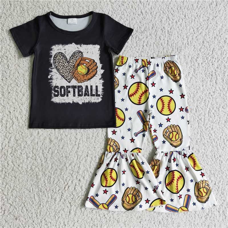 GSPO0215 Baby Girls Softball Bell Bottom Pants Sets