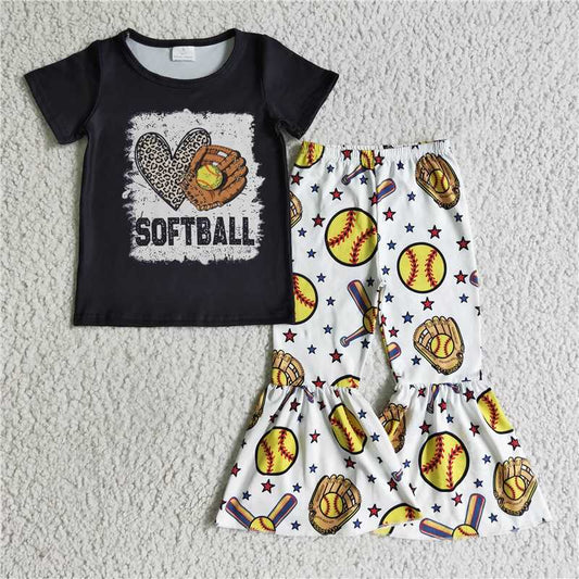 GSPO0215 Baby Girls Softball Bell Bottom Pants Sets