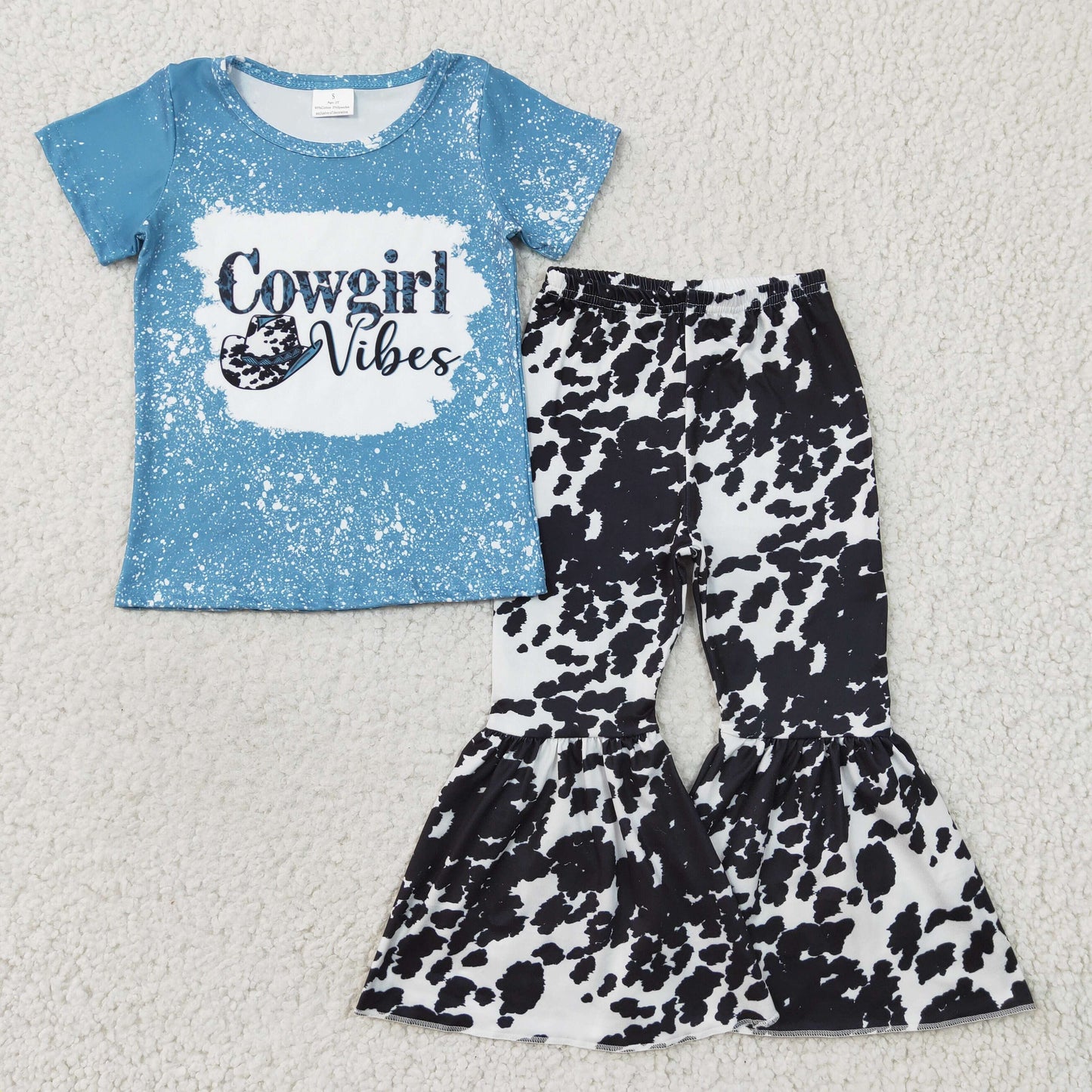 8.4 RTS NO MOQ（In Stock) GSPO0316 Girls Cowgirl Blue Short Sleeve Pants Set Milk Silk