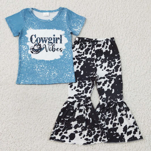 8.4 RTS NO MOQ(In Stock) GSPO0316 Girls Cowgirl Blue Short Sleeve Pants Set Milk Silk