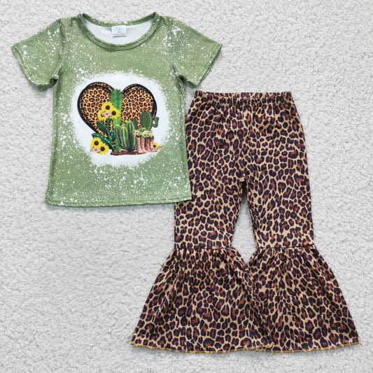 GSPO0323 Baby Girls Western Cactus Leopard Bell Pants Sets