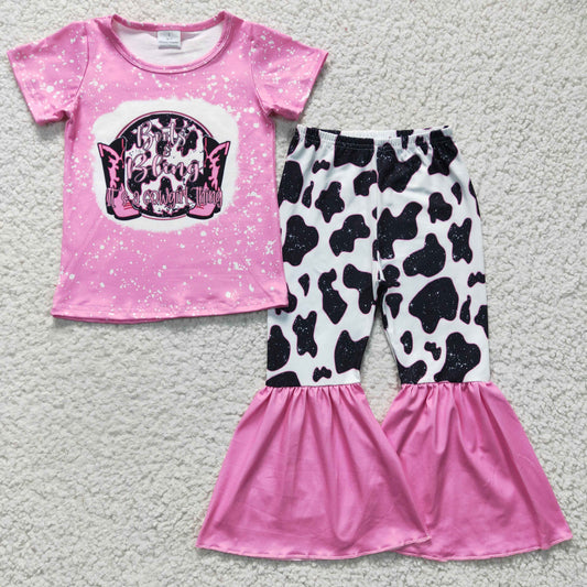 GSPO0325 Baby Girl Boots Pink Western Bell Pants Sets