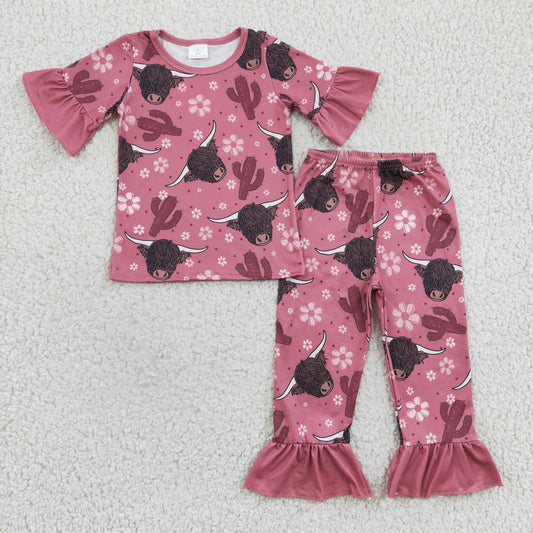 GSPO0326 Baby Girl Highland Cow Cactus Western Pajamas Pants sets