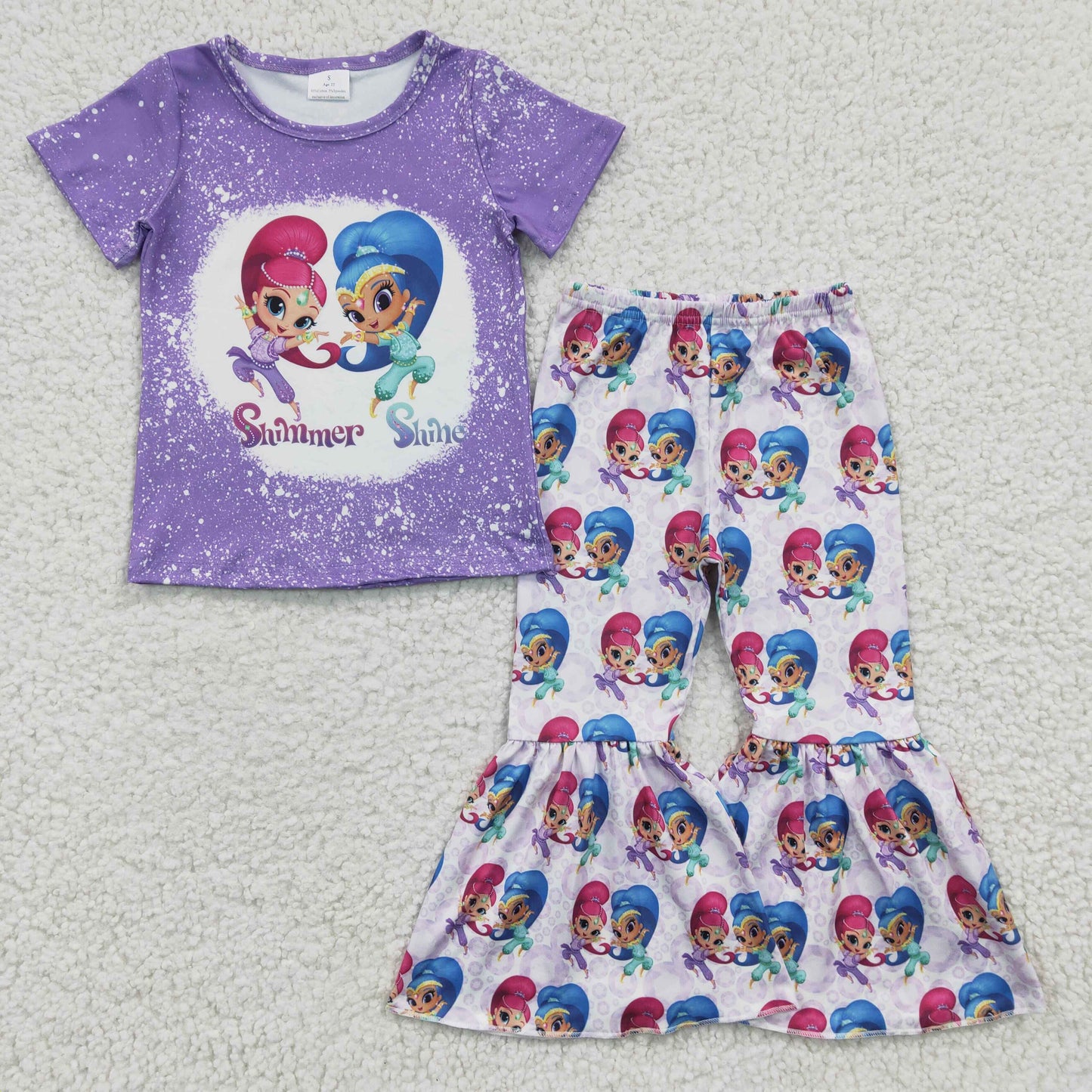 GSPO0331 Baby Girls Short Sleeve Shirt Tops Cartoon Sister Bell Bottom Pants Sets