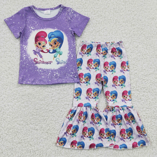 GSPO0331 Baby Girls Short Sleeve Shirt Tops Cartoon Sister Bell Bottom Pants Sets