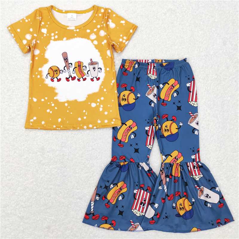 GSPO0965 Baby Girl Baseball Short Sleeve Shirt Bell Pants Clothes Sets