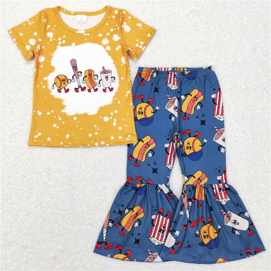 GSPO0965 Baby Girl Baseball Short Sleeve Shirt Bell Pants Clothes Sets