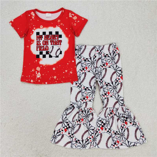 GSPO1236 Baby Girl Baseball Red Top Flowers Bell Pants Clothes Sets