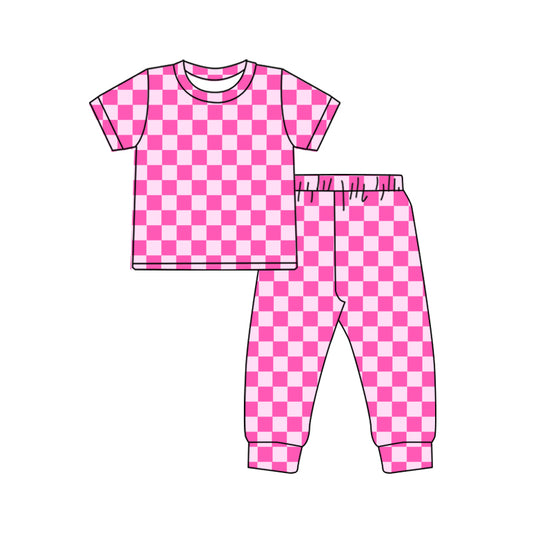 GSPO1752 Baby Girls Pink Checkered Shirts Pants Pajamas Clothes Sets Preorder