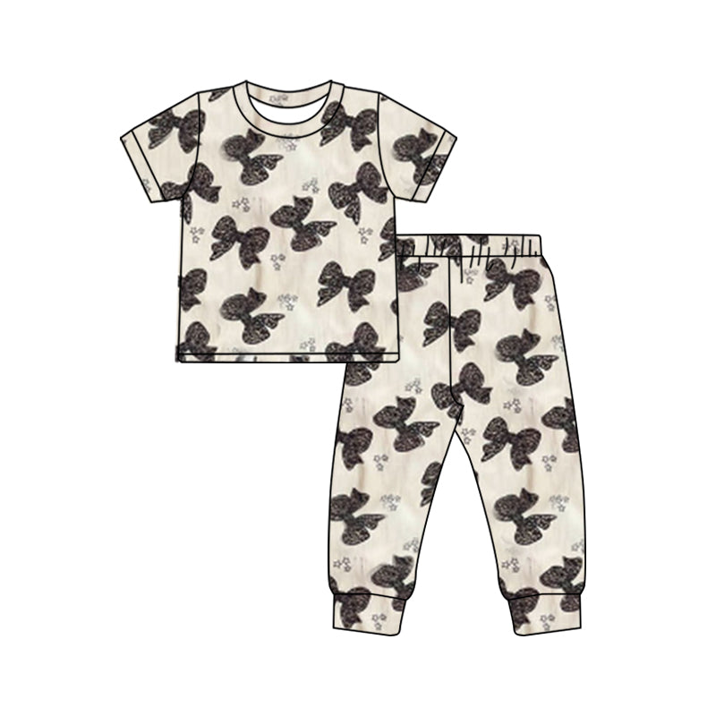 GSPO1754 Baby Girls Leopard Bows Shirts Pants Pajamas Clothes Sets Preorder