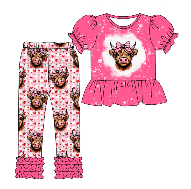 GSPO1756 Baby Girls Valentines Highland Cow Tunic Heart Legging Clothes Sets Preorder