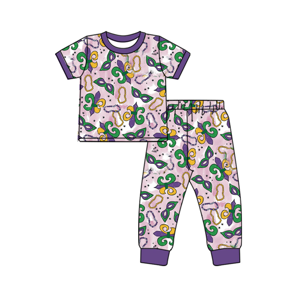 GSPO1757 Baby Girls Mardi Gras Masks Purple Shirts Pants Pajamas Clothes Sets Preorder