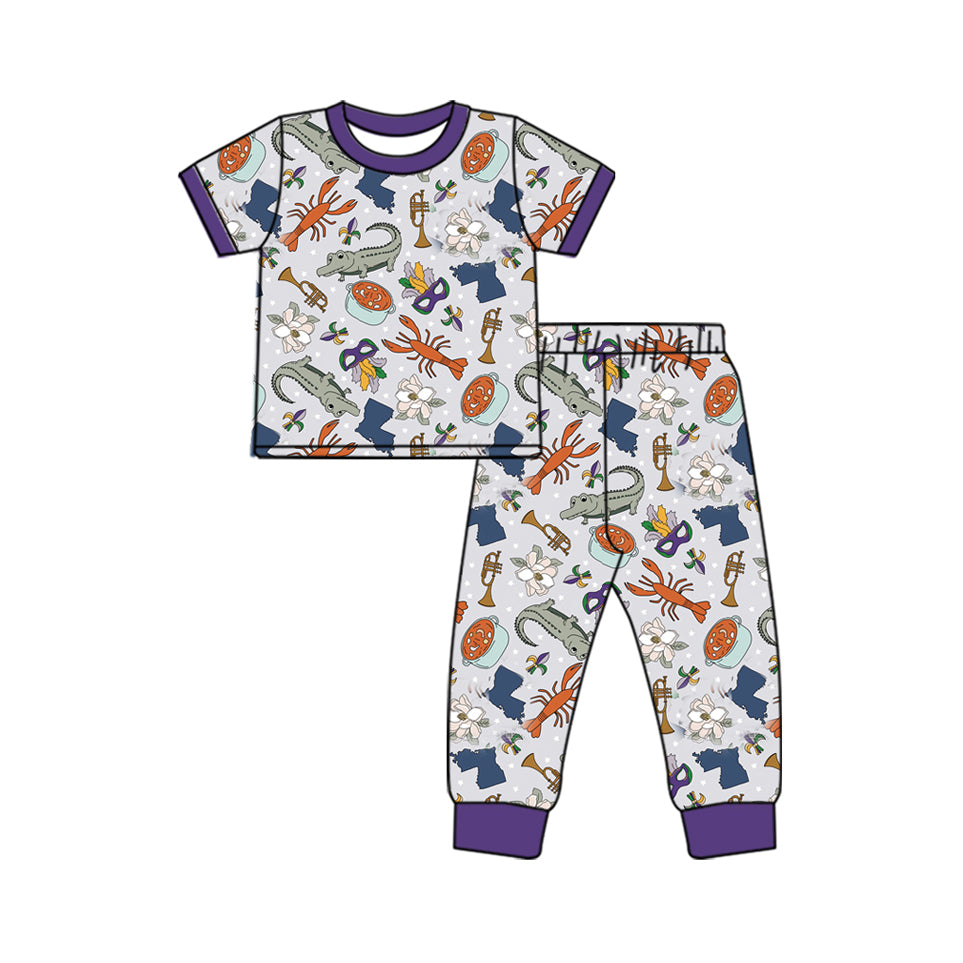 GSPO1758 Baby Girls Mardi Gras Crocodile Purple Shirts Pants Pajamas Clothes Sets Preorder