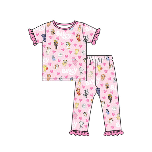 GSPO1760 Baby Girls Valentines Dogs Hearts Shirts Pants Pajamas Clothes Sets Preorder