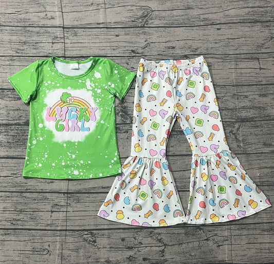 GSPO2101 Baby Girls Clover Lucky Girl Top Bell Bottom Pants St Patrick Clothes Sets -26.1.13