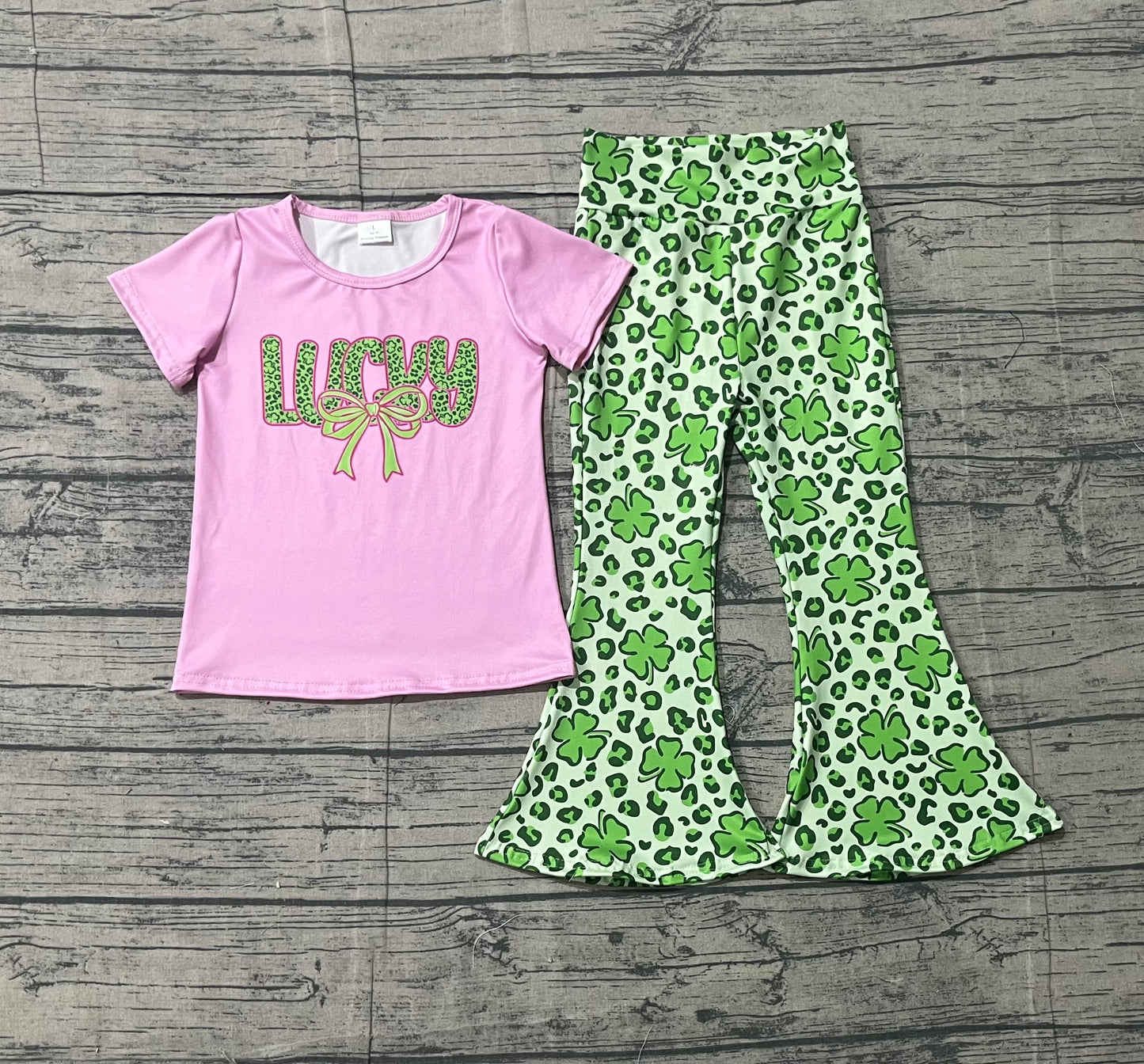 GSPO2104 Baby Girls Clover Lucky Girl Top Bell Bottom Pants St Patrick Clothes Sets -26.1.13
