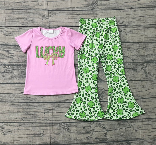 GSPO2104 Baby Girls Clover Lucky Girl Top Bell Bottom Pants St Patrick Clothes Sets -26.1.13
