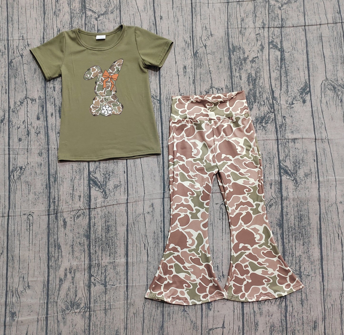 Pre-order no moq GSPO2110 pre-order baby girl clothes embroidery camouflage bunny short sleeve summer pants outfit-26.1.19
