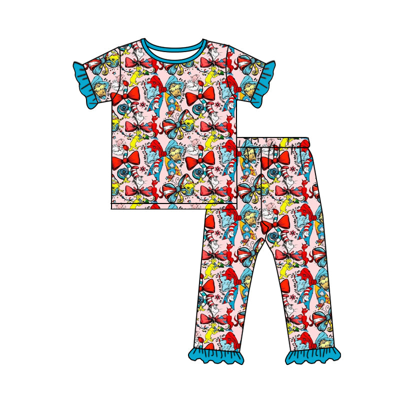 Pre-order no moq GSPO2276 toddler girl clothes dr seuss short sleeve bell bottom pant set-25.12.30