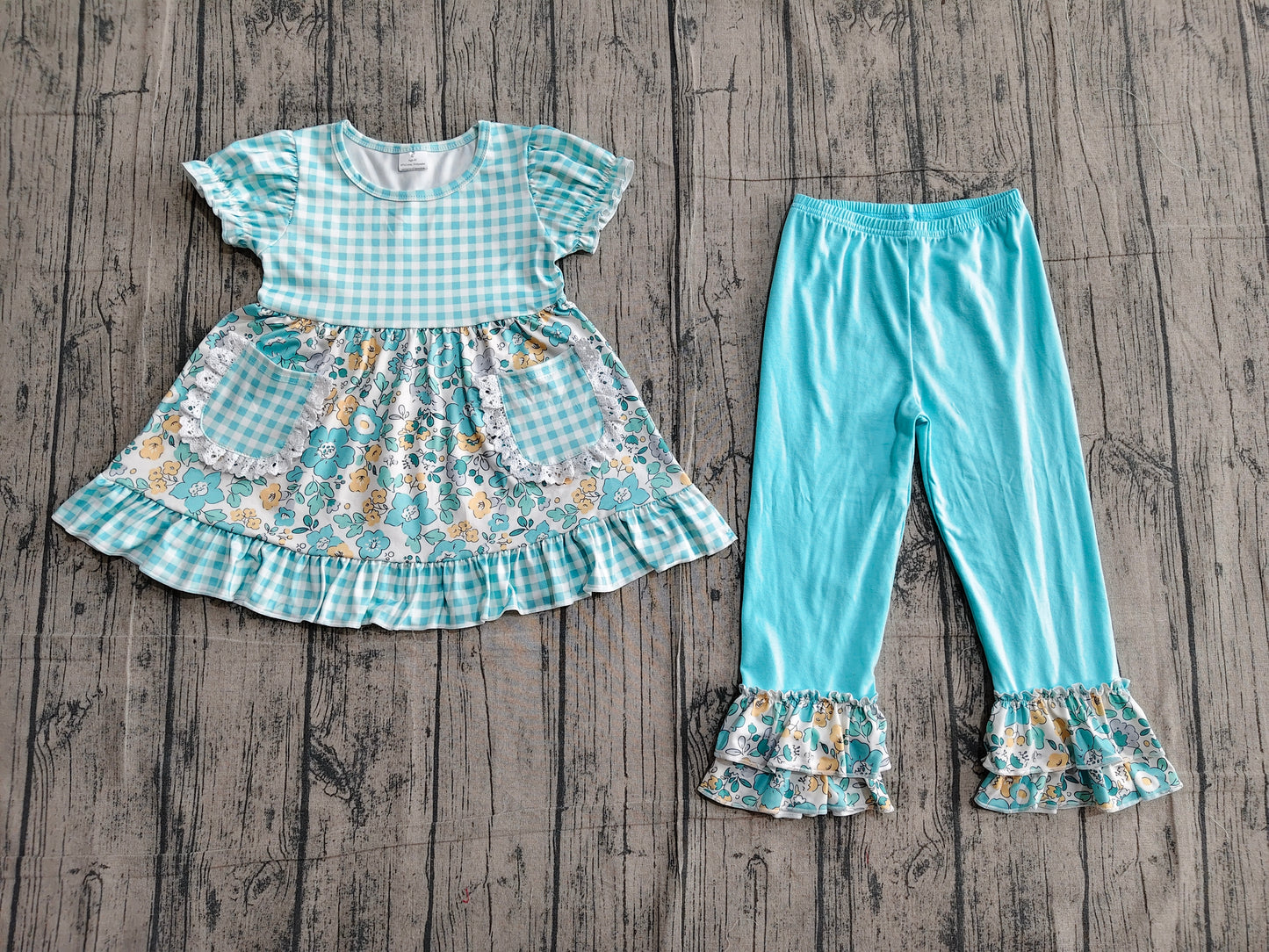 GSPO2282 Preorder Sample Baby Girl Blue Checked Flowers Pockets Tunic Ruffle Pant Clothes Sets