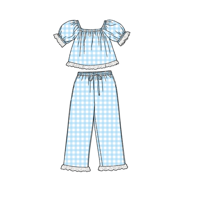 GSPO2289 Preorder Baby Girl Short Sleeve Blue Checked Tunic Ruffle Pants Clothes Sets