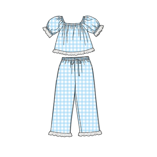 GSPO2289 Preorder Baby Girl Short Sleeve Blue Checked Tunic Ruffle Pants Clothes Sets