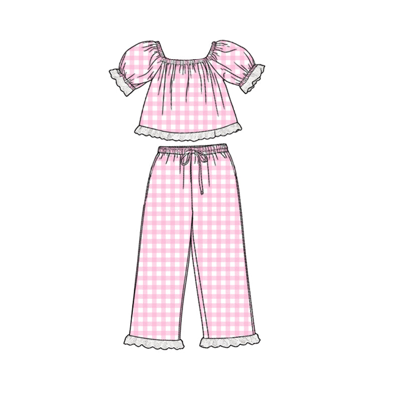 GSPO2290 Preorder Baby Girl Short Sleeve Pink Checked Tunic Ruffle Pants Clothes Sets