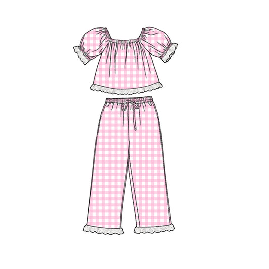 GSPO2290 Preorder Baby Girl Short Sleeve Pink Checked Tunic Ruffle Pants Clothes Sets
